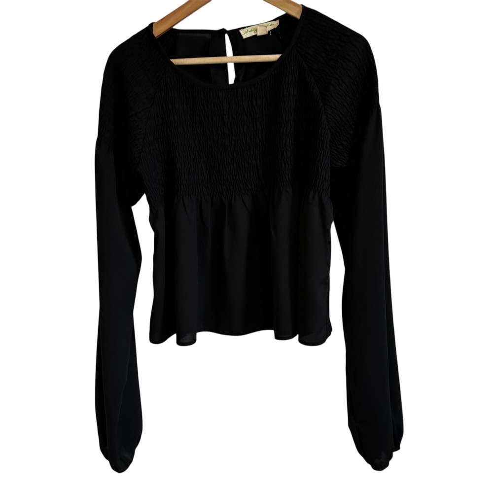 Staring at Stars Smocked Blouse Long Sleeve Keyhole Black‎ Top Size M